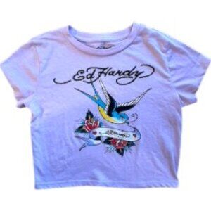 Ed Hardy Woman's Bird Roses Hearts Lavender Crop Top T-Shirt Sz M #06